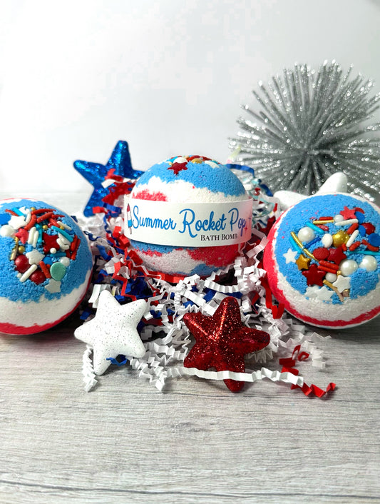 Red White and Blue Rocket Pop Bath Bomb Gold Summer Cherry
