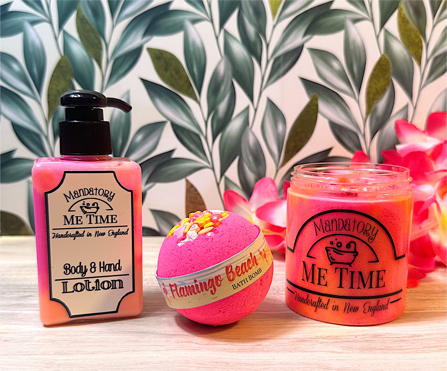 Pink flamingo beach scrub, body lotion and bath bomb. Floral. Orange pink yellow. Sunset
