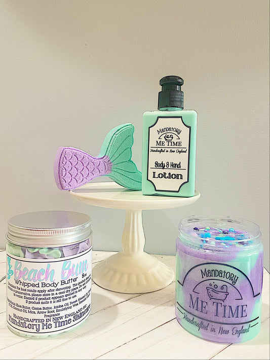 Beach Bum lotion, scrub, body butter. Mermaid tail bath bomb. tropical skincare. Purple and turquoise