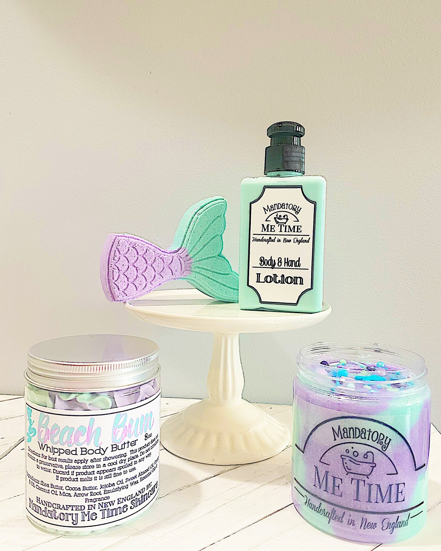 Beach Bum Body Butter, Body and Hand Lotion, Sugar Scrub and Mermaid Tail Bath Bomb