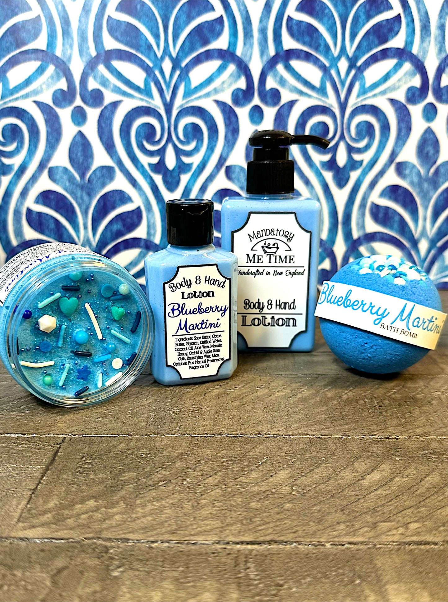 Blueberry Martini Body Scrub, Hand Lotion and Bath Bomb by Mandatory Me Time