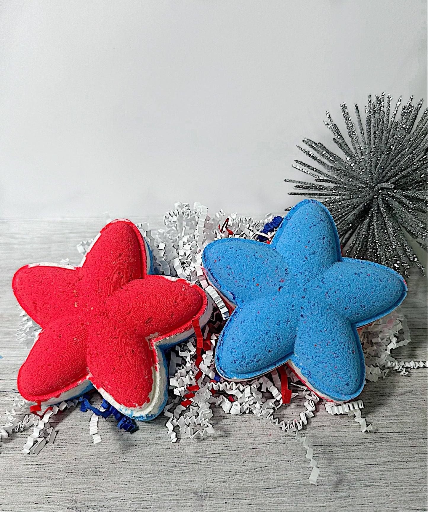 patriotic red white and blue star bath bomb in summer Rocket Pop Cherry scented