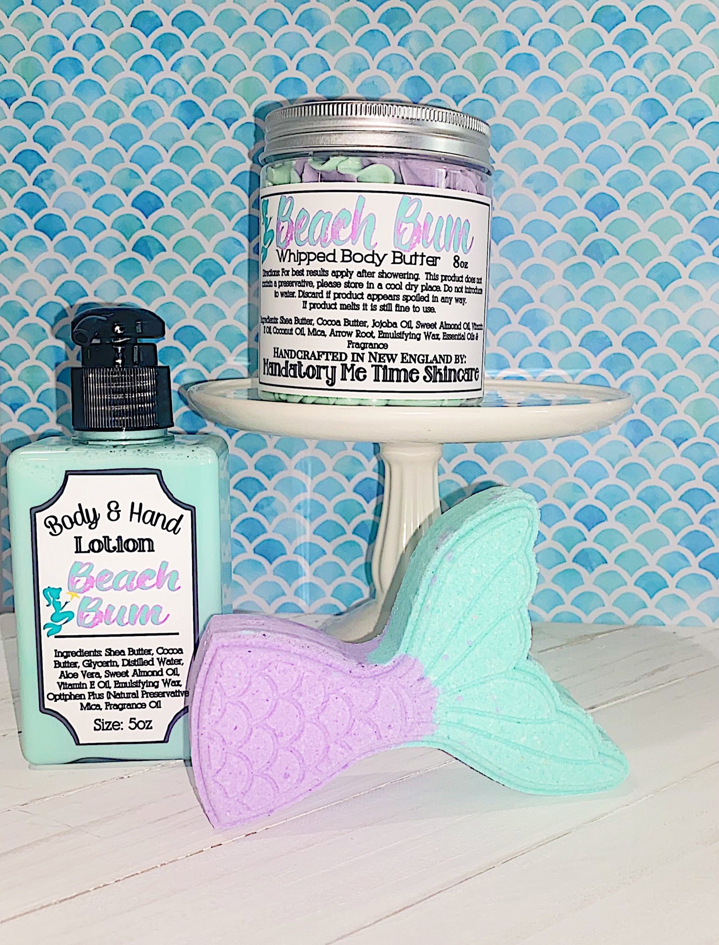 Beach Bum Body Butter, Hand Lotion and Mermaid Tail Bath Bomb in Turquoise